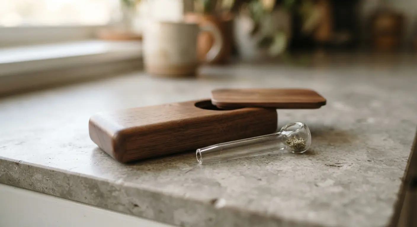 A sleek glass one hitter pipe resting next to a wooden dugout on a table