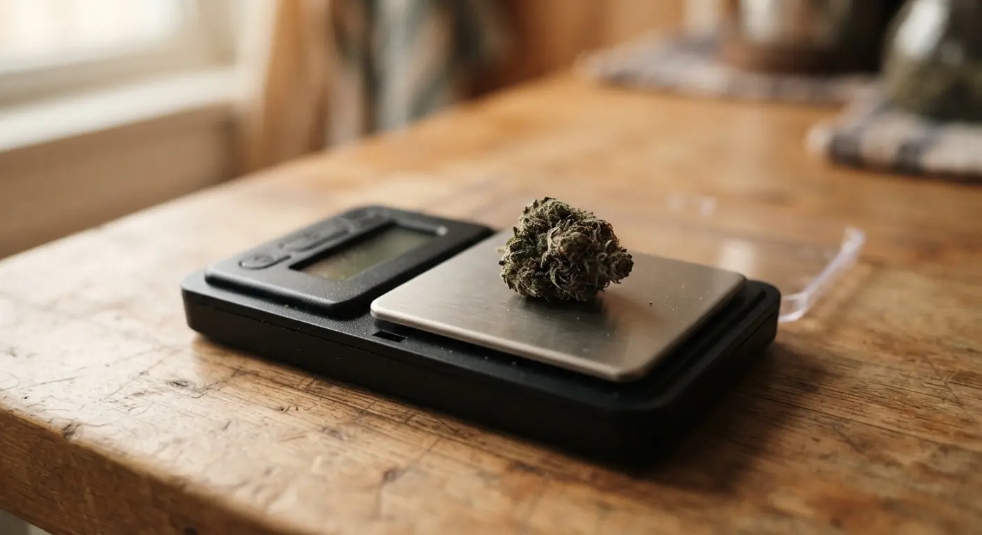 Checking weed measurements using a small digital pocket scale in a clean home setting.