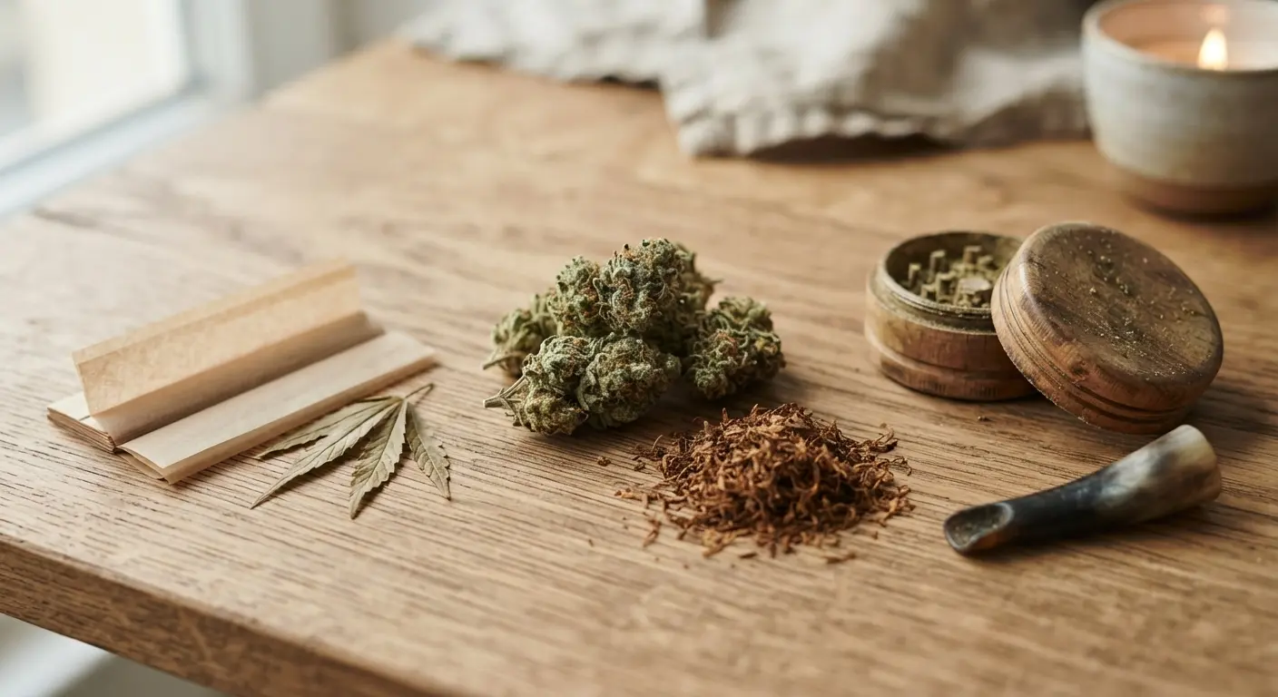A close up view explaining what is a spliff on a clean wooden table.