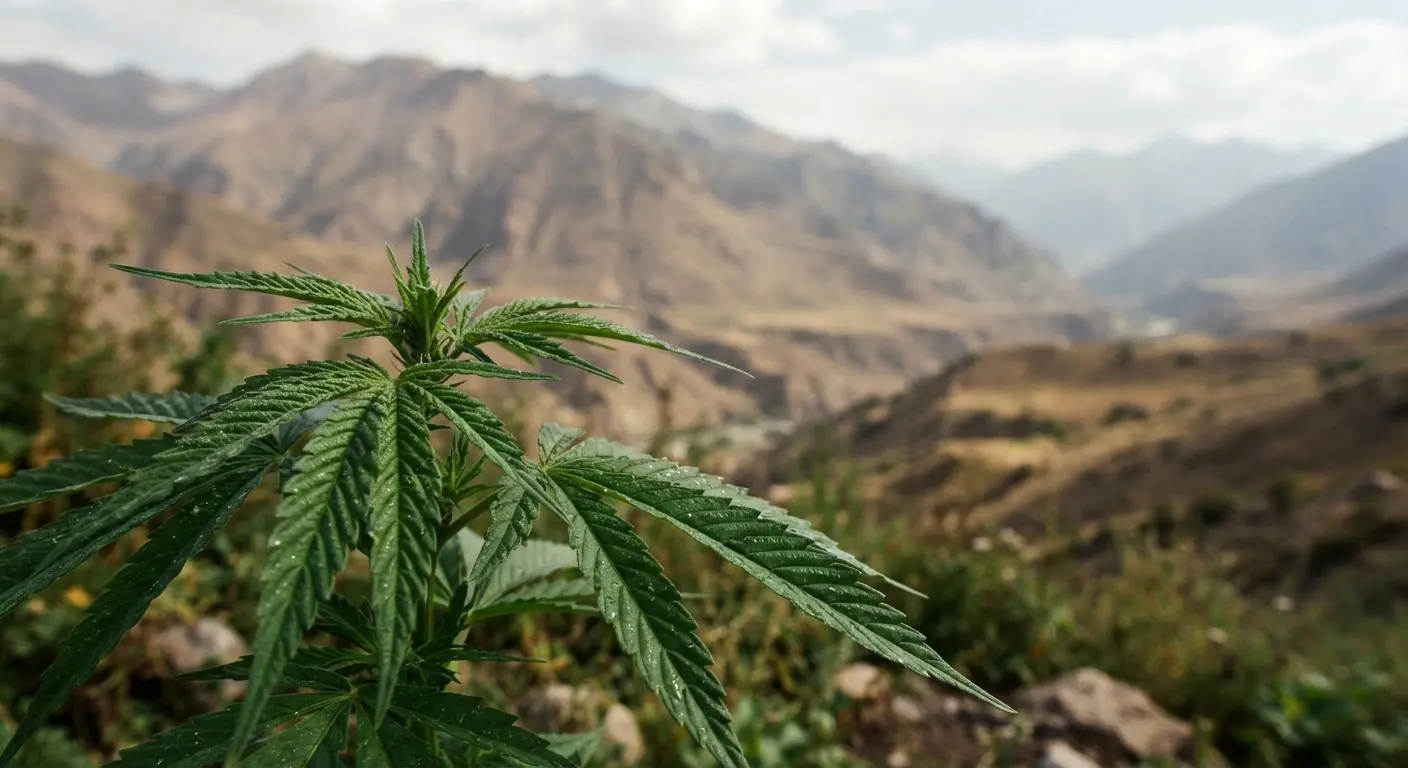 Cannabis plant leaves with a Central Asian mountain landscape