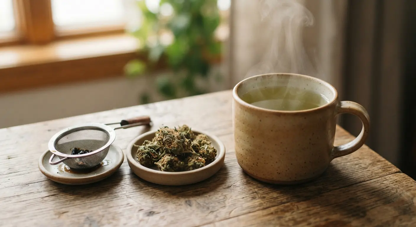 A mug of cannabis tea next to loose cannabis flower, how to make cannabis tea