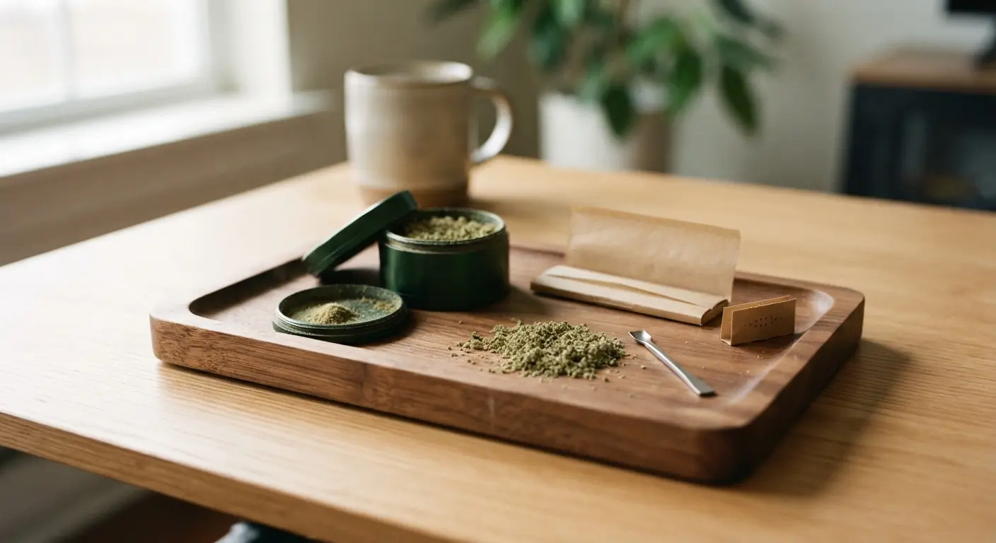 Supplies showing how to roll a joint with papers grinder and dry herb on a tray