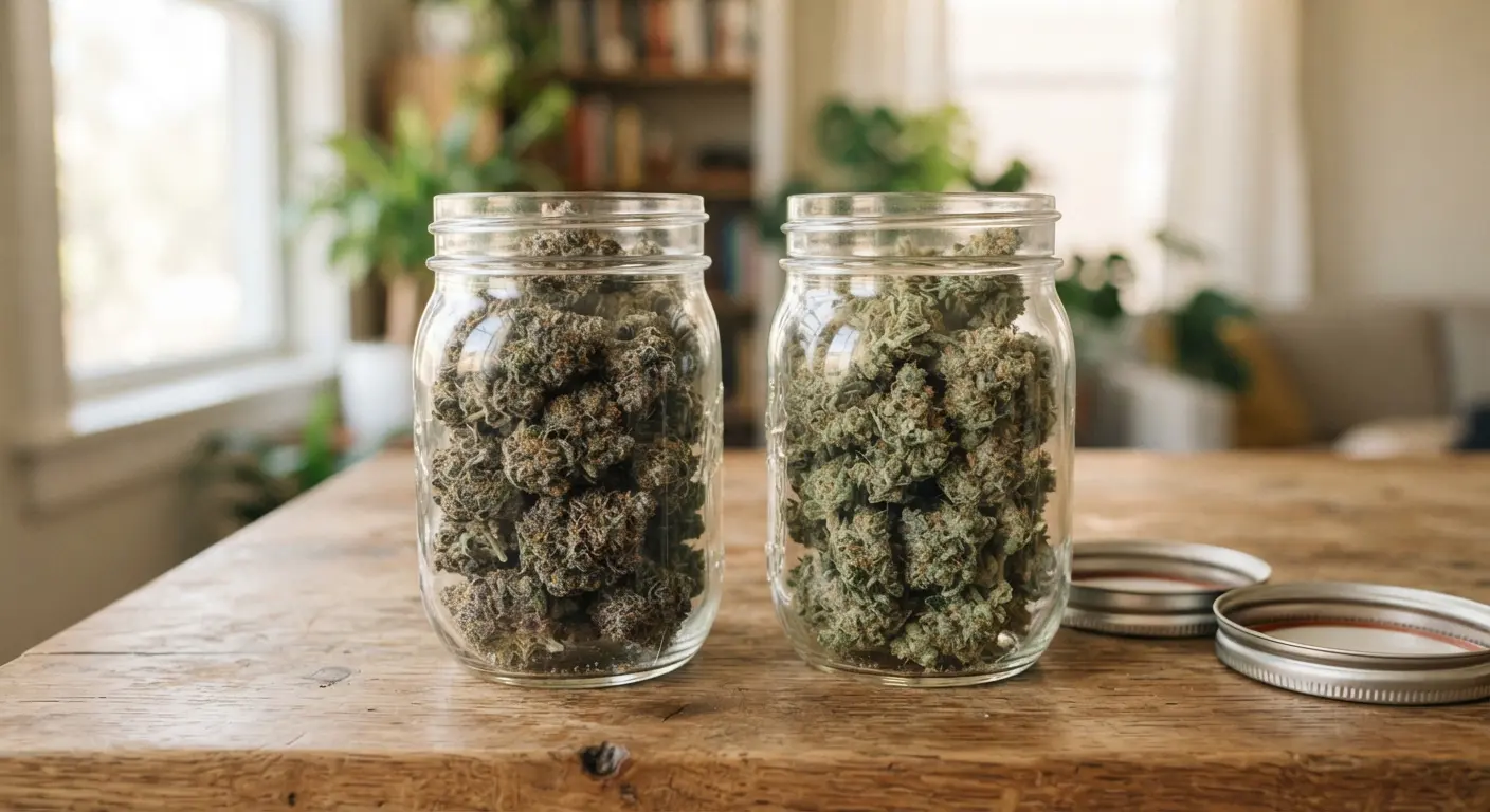 Sativa vs indica cannabis flower jars side by side on a counter
